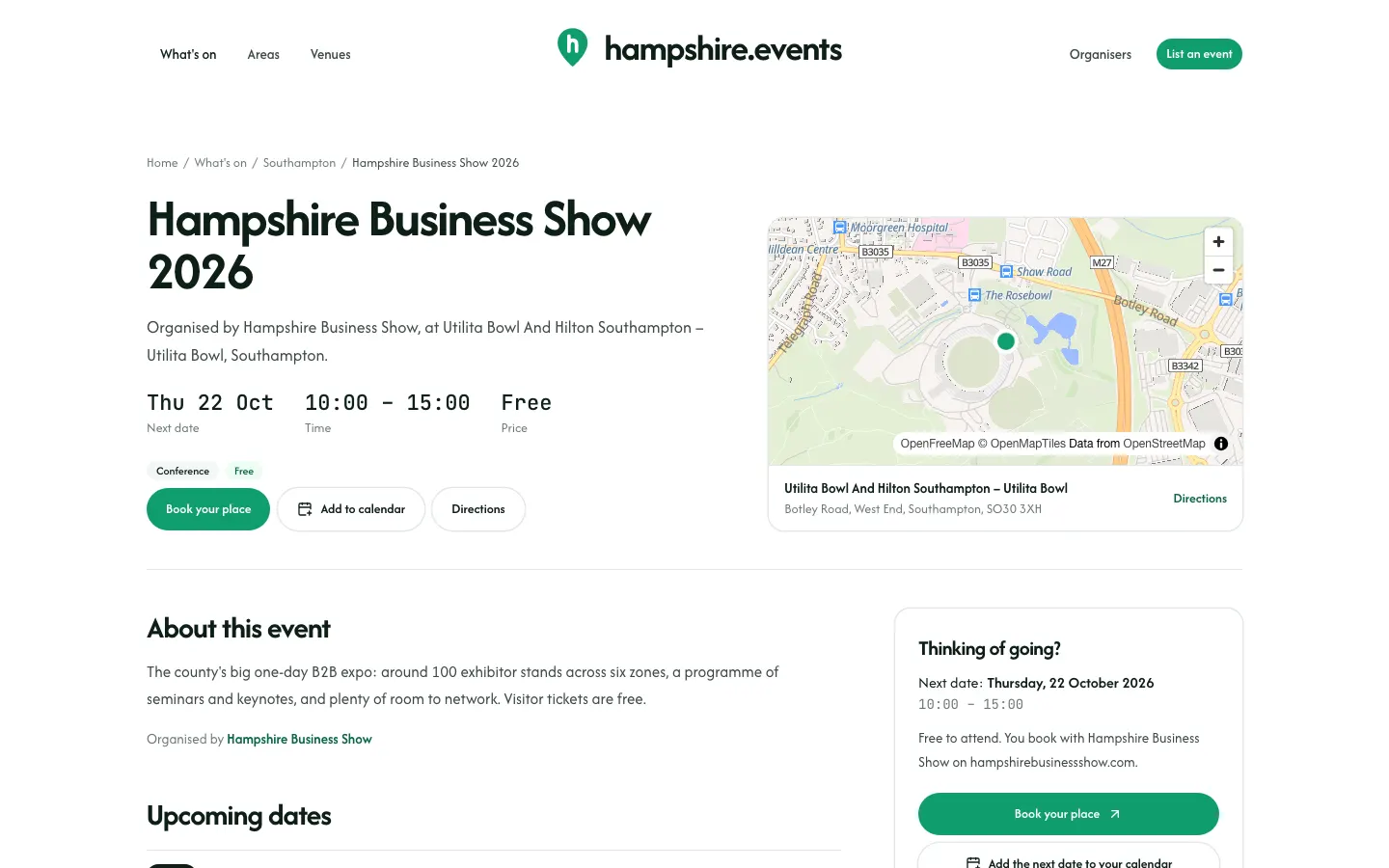 An event page on a region’s site: title, date, time, price, a Book your place button and a map of the venue