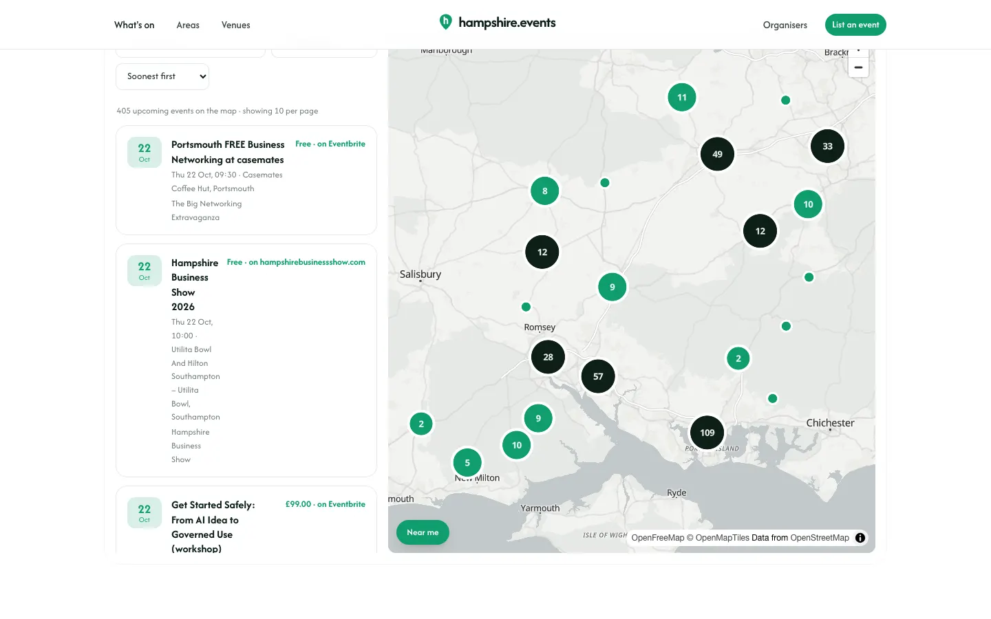 The What's on page on hampshire.events: an events list beside a map of the county with numbered clusters
