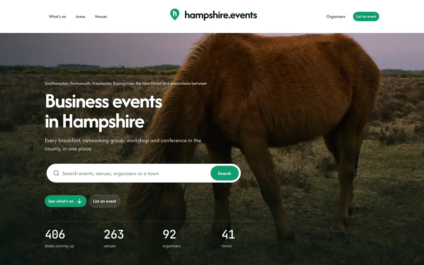 The homepage of a regional business-events site under its own name and colours