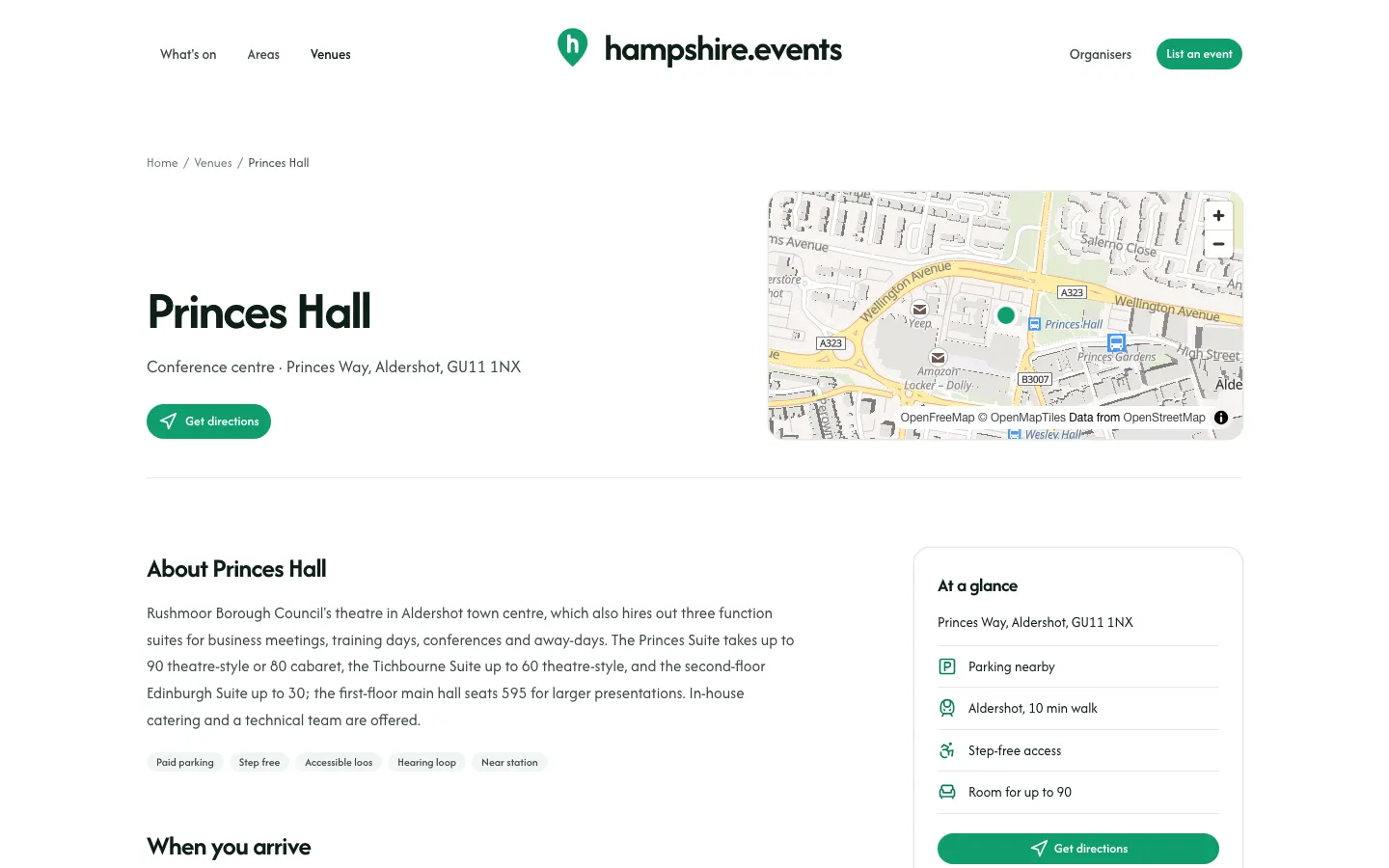 A venue page on hampshire.events: the venue's address, a map and an at-a-glance card with parking, nearest station and step-free access