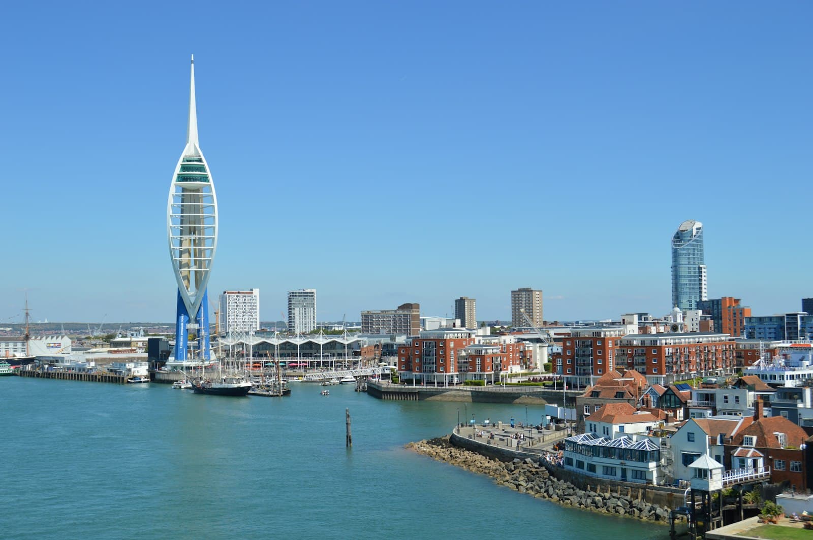 The Spinnaker Tower and Portsmouth Harbour under a blue sky